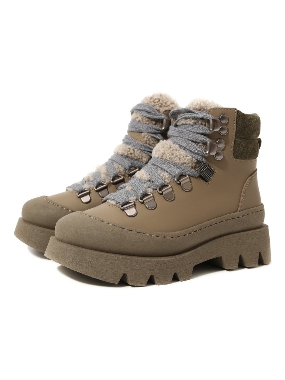 Brunello Cucinelli kids Taupe Platform Hiker Boots with Shearling Trim